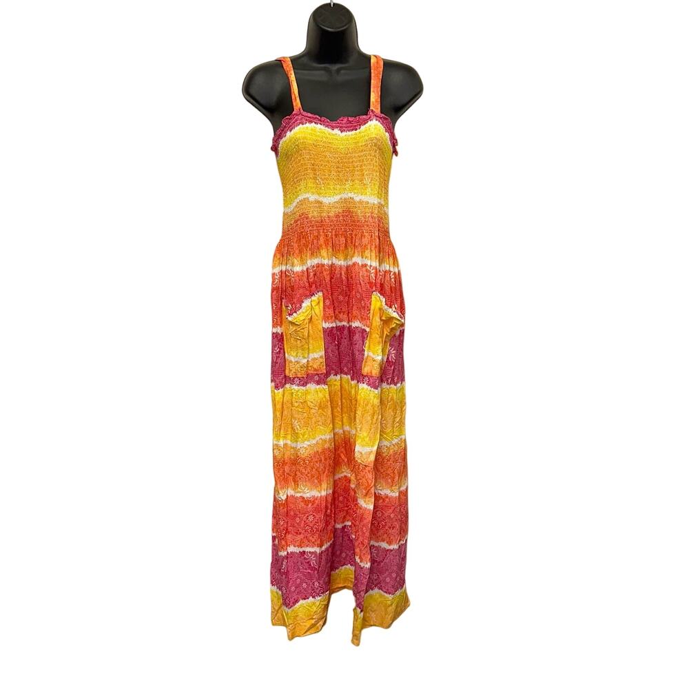 Handmade Tie Dye‎ Maxi Dress Boho Festival Sundress Smocked Top Strappy Small